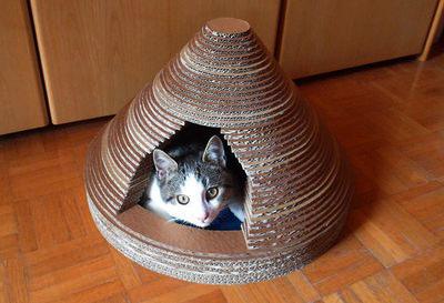 利用瓦楞纸板纸箱做圆顶环保猫屋的做法
