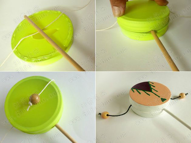 利用旧气球装饰的diy拨浪鼓/皮鼓玩具 - 废物利用手工