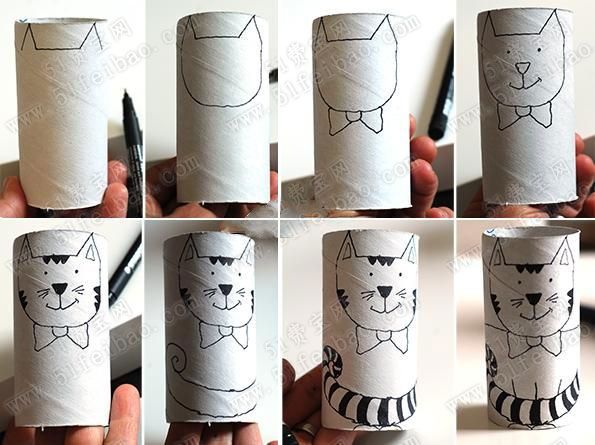 如何使用卷纸芯diy幼儿园小手工花猫