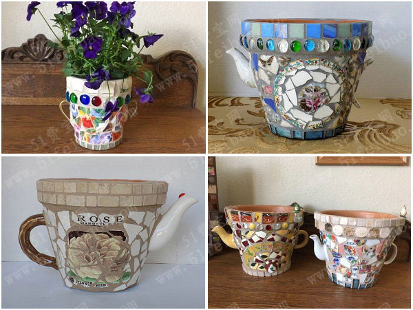 廢舊花盆改造，歐式拼貼馬賽克提手陶瓷花盆製作
