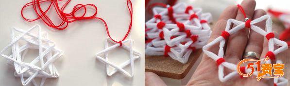 自製聖誕裝飾品，棉線頭DIY雪花六角星