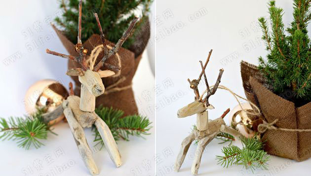 漂流木树枝制作圣诞驯鹿diy小摆设