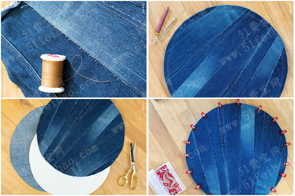 DIY拼布垫子，旧牛仔裤改造做成杯垫或者地毯