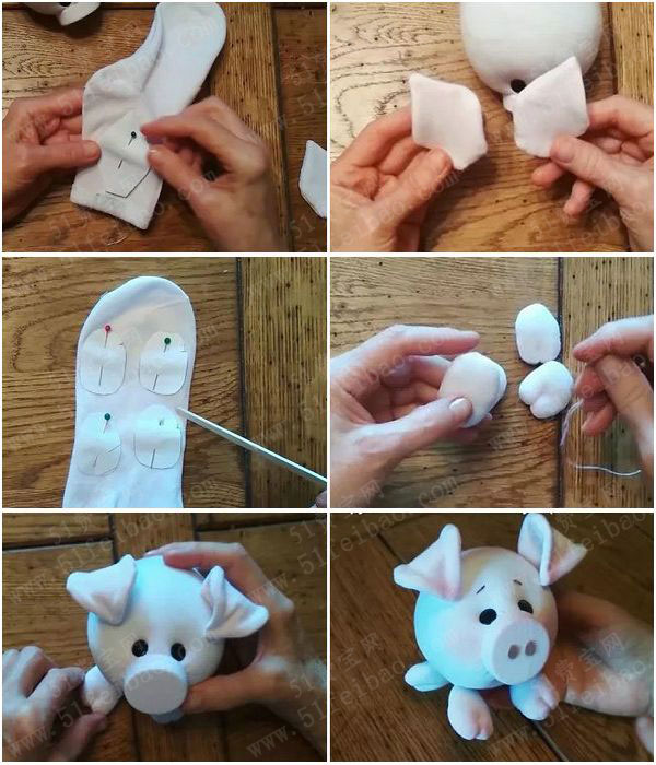 创意公仔手工教程，DIY袜子猪宝宝缝制图解