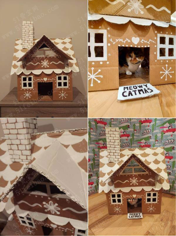 聖誕屋的做法，DIY硬紙板房子外型貓窩