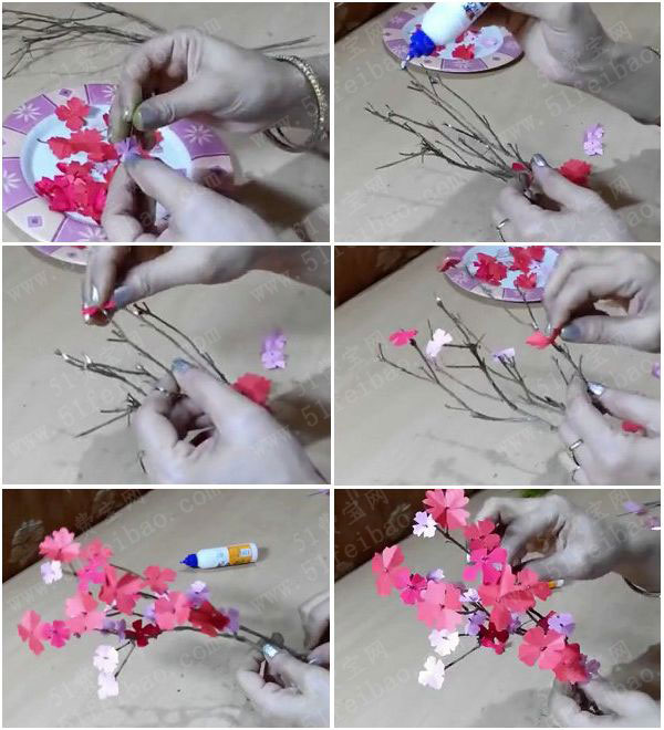 枯树枝DIY漂亮彩纸花树教程