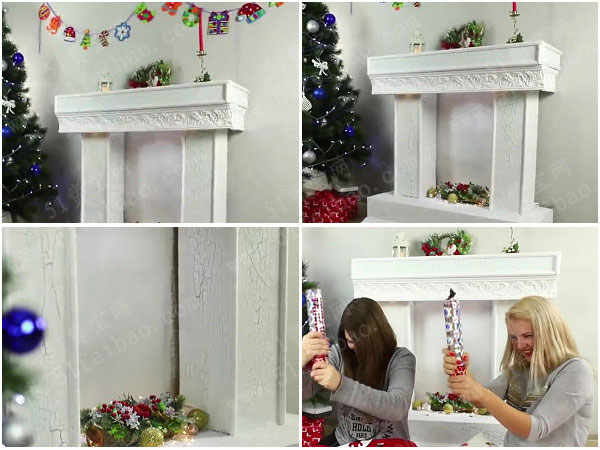 废纸箱打造圣诞节室内装饰壁炉