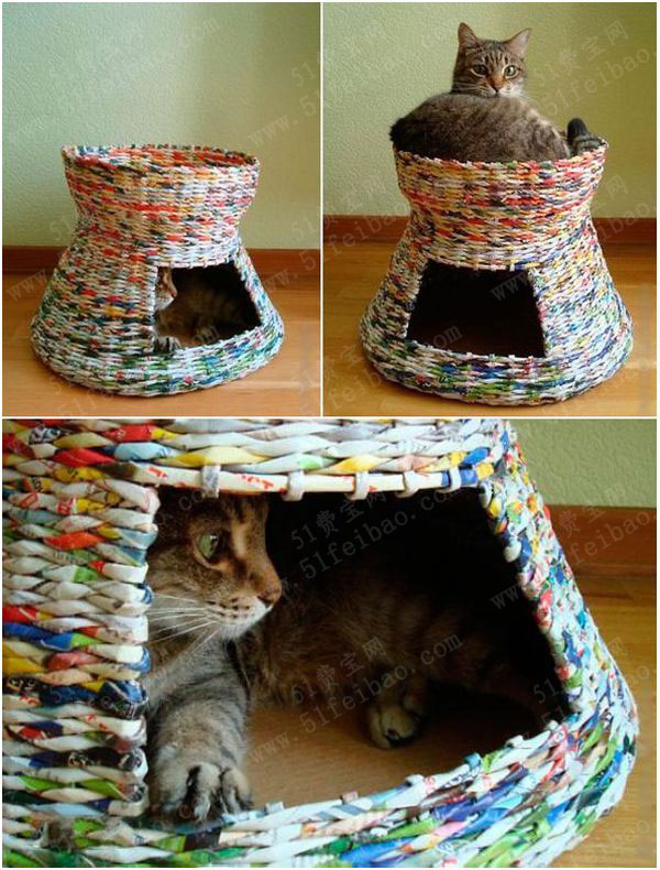 利用废报纸做手编猫窝房子