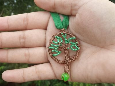 手工绕线首饰制作，DIY绿色珠子生命之树吊坠