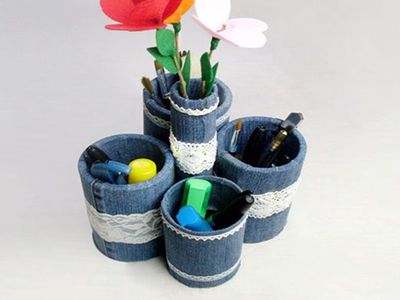 旧牛仔裤子DIY低碳环保笔筒
