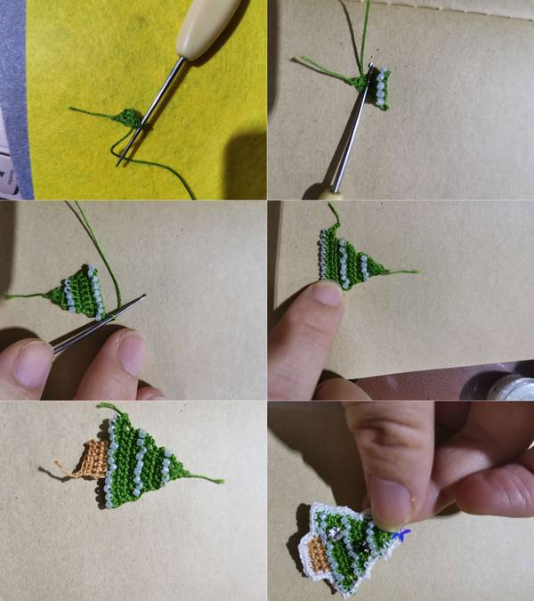 DIY圣诞礼物，钩针小圣诞树胸针步骤图