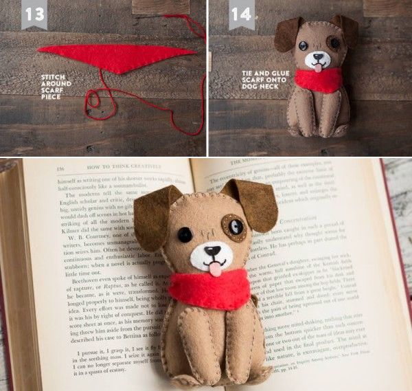 用不织布做一只颈系红围巾的狗狗玩偶