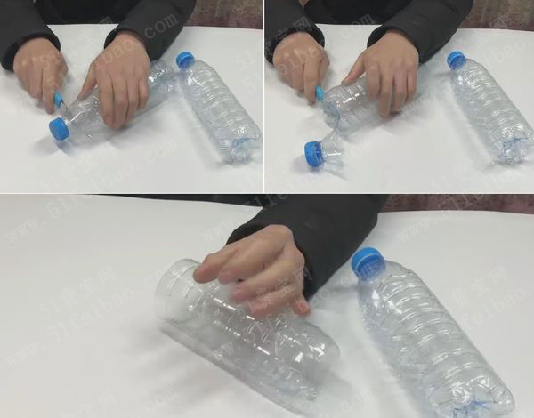 的矿泉水瓶身继续剪开成宽约1cm的细长塑料条,把我们两个瓶子都剪掉