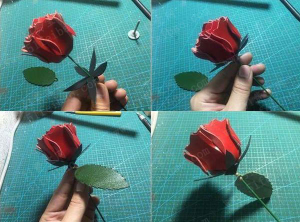 皮革手工制作红色玫瑰花