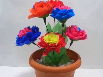 报废购物袋DIY芍药花美丽盆栽