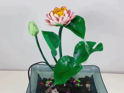 废塑料瓶DIY荷花喷泉园艺摆件