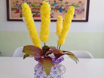 变废为宝水果制作蒲棒草需要主要材料:水果包装袋,花杆,剪刀,胶水.