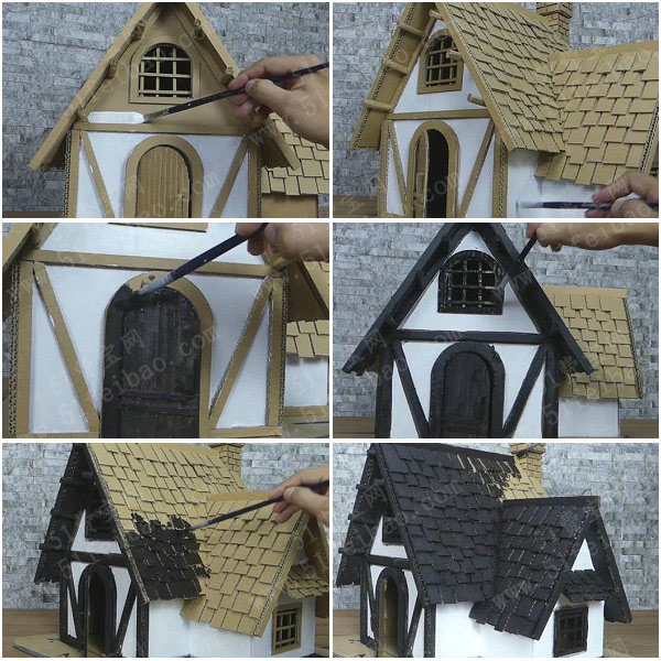 创意纸板小屋制作材料包diy微型纸板房蓝色小木屋实例