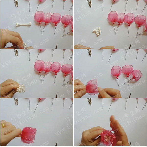手工丝网花玫瑰，丝袜花玫瑰胸针简单制作步骤