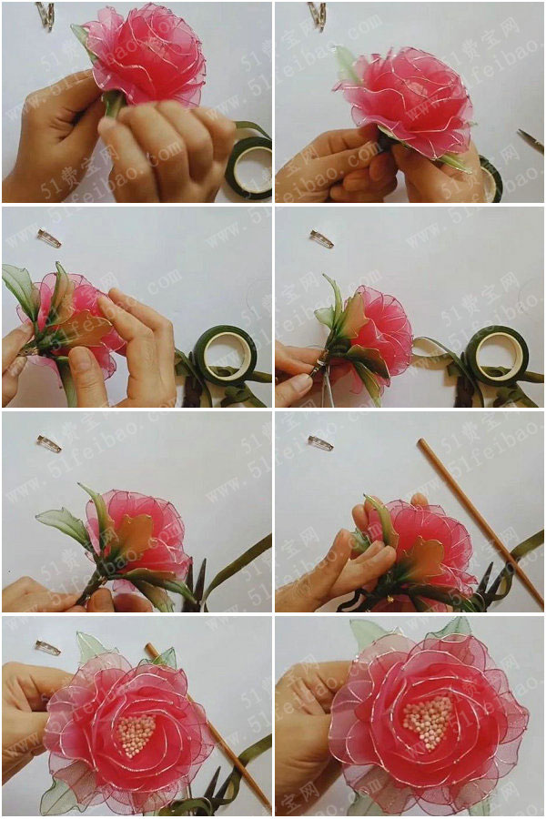 手工丝网花玫瑰丝袜花玫瑰胸针简单制作步骤