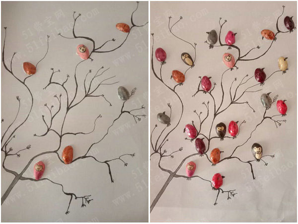利用开心果壳做装饰diy可爱的小鸟绘画墙