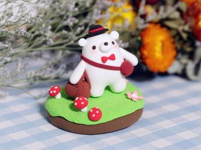 幼儿手工制作,粘土可爱戴礼帽北极熊小摆件