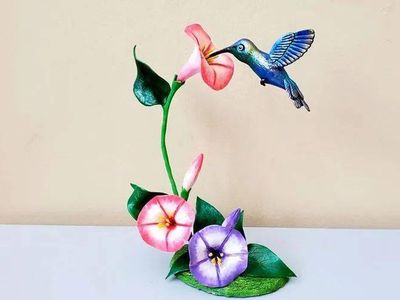 冷瓷土装饰花鸟教程,DIY蜂鸟与喇叭花唯美摆件