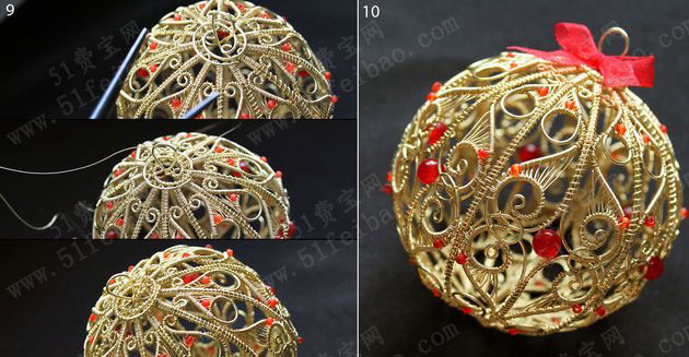 金属丝编织金色玲珑球圣诞球挂饰 - 手工小制作 - 51