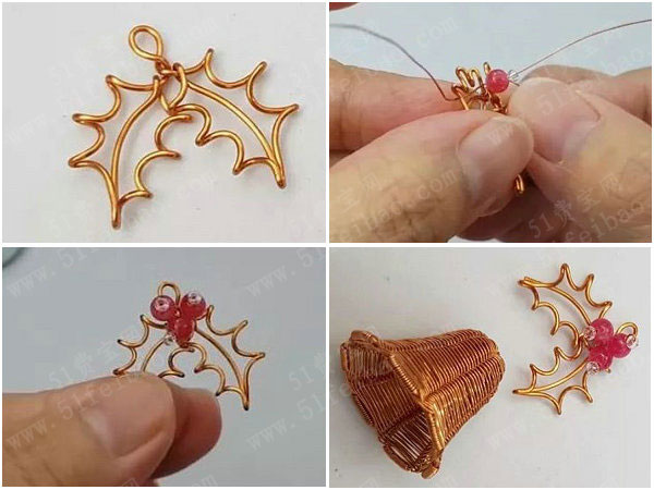 diy铜编圣诞节饰品教程,冬青叶圣诞钟唯美吊坠制作
