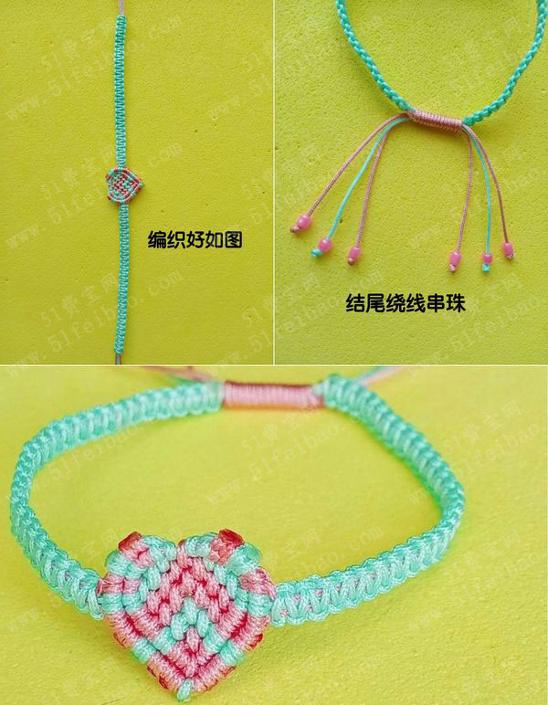 好看的双色手链,编绳爱心手链编织过程