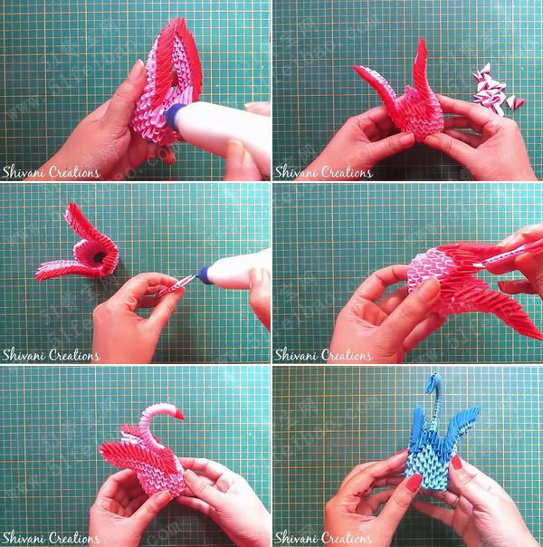 三角插手工3d折纸教程diy三角插爱心交颈天鹅摆件