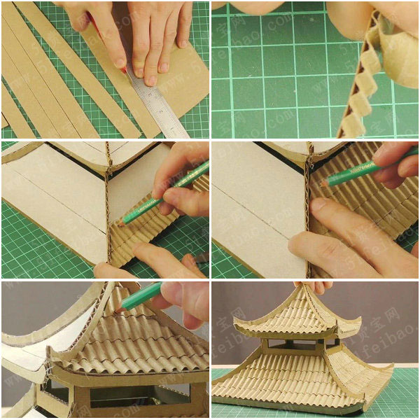 瓦楞纸教程,微型纸板屋中式凉亭制作图解 - 废旧物品手工制作 - 51费