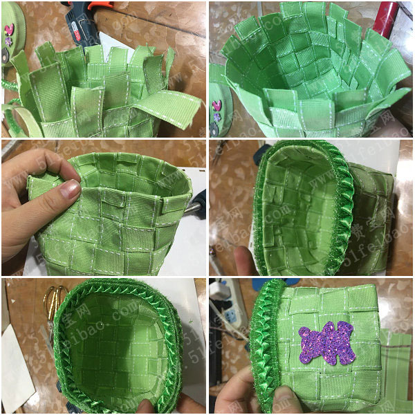 编织篮子diy,织带编织清新小绿筐 手工小制作 51费宝网