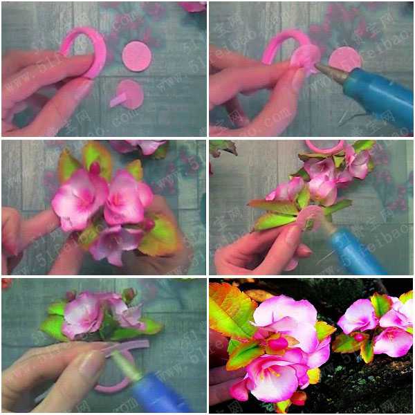 diy仿真花朵饰品,泡沫纸海棠花发圈的做法教学 手工小制作 51费宝