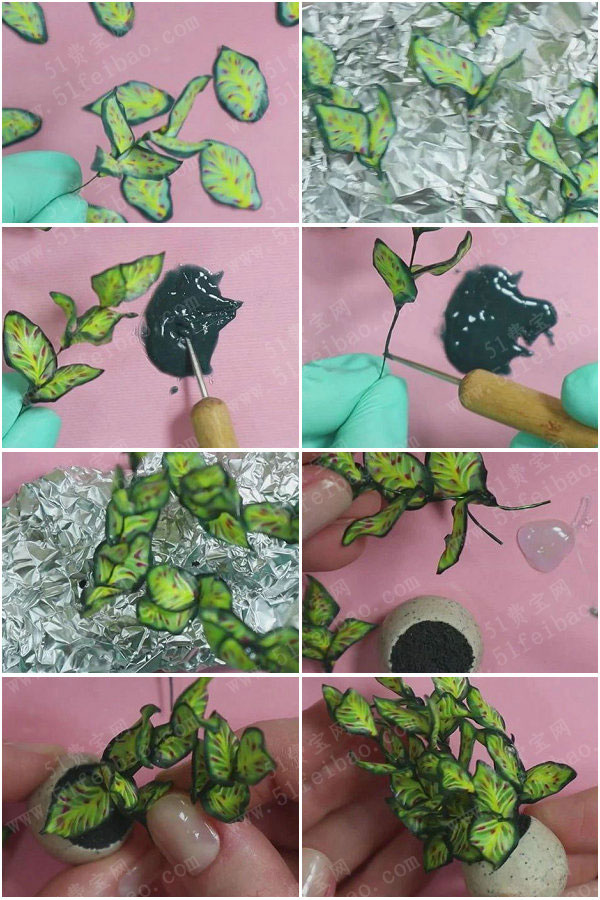 软陶仿真花植物做法,diy微型阔叶植物盆栽 手工小制作 51费宝网