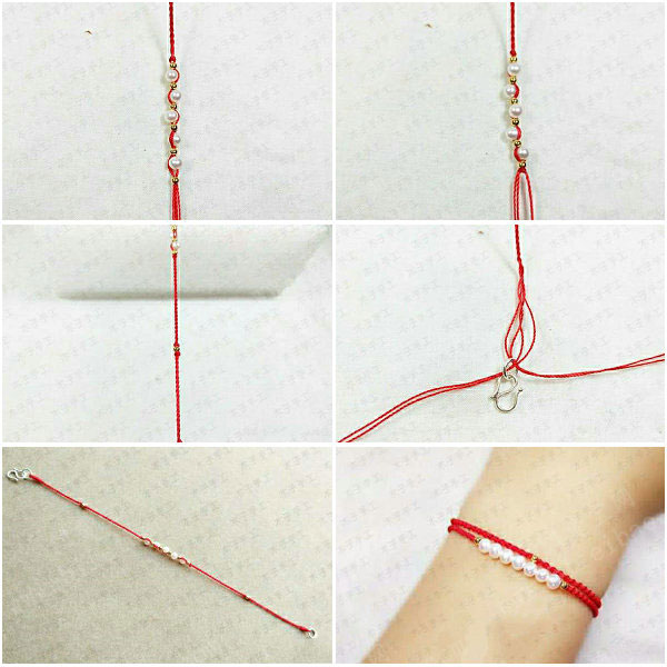 手工编绳教程图,diy超细款珍珠红绳手链