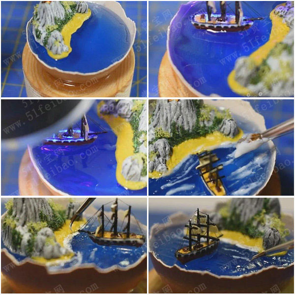uv树脂手工艺品,diy蛋壳树脂火山海盗船摆件