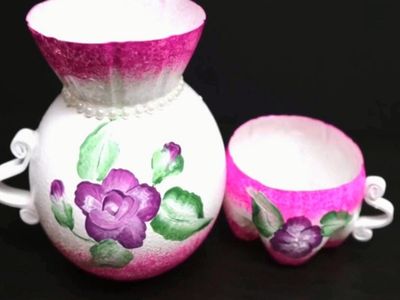 塑料瓶制作国风彩绘茶壶套装花瓶