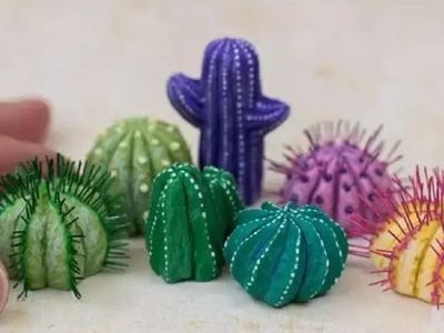 DIY软陶多肉植物,彩色仙人球逼真盆