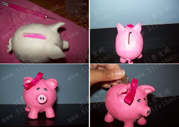 超轻粘土制作粉色小猪钱罐教程