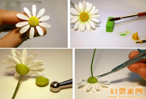 软陶制作的逼真洋甘菊带叶花朵教程 - 废物利用手工diy小制作 - 51费