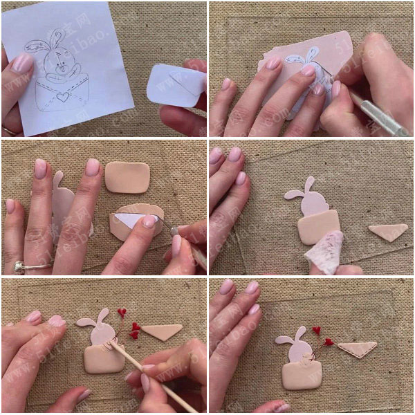 软陶服装饰品教程，可爱的爱心粉红兔胸针DIY图解