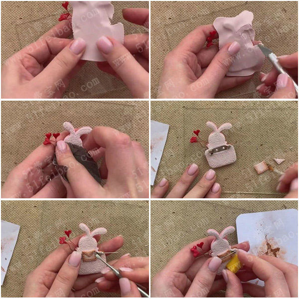 软陶服装饰品教程，可爱的爱心粉红兔胸针DIY图解