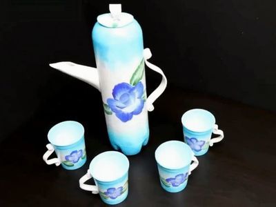 废塑料瓶DIY青花底西式茶具摆件