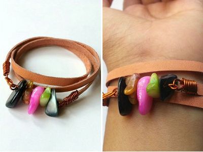 DIY随性流彩石子皮绳手串