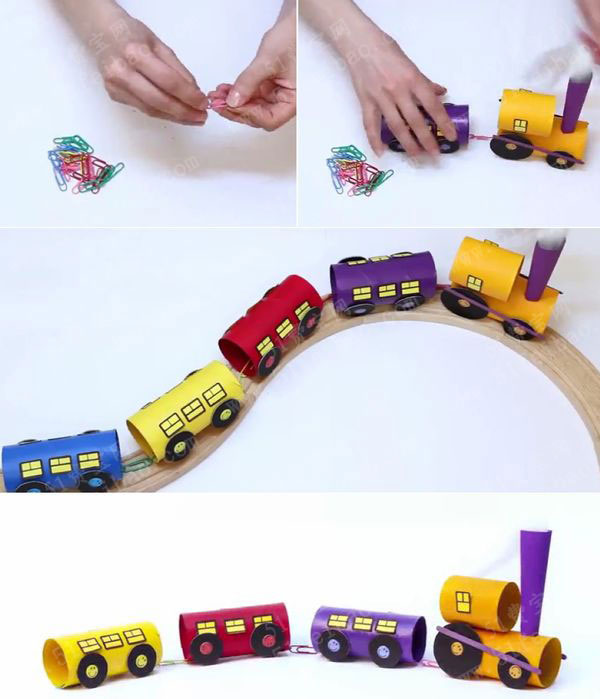 拿废纸芯做的diy玩具小火车做法 - 废物利用手工diy小制作 - 51费宝网