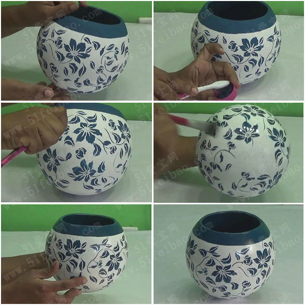 装饰花瓶制作教程,diy怀旧风蓝色印花罐 手工小制作 51费宝网
