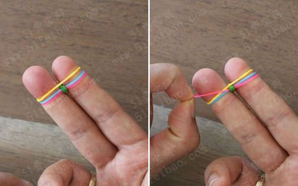 diy手编彩虹色橡皮筋手链编法图解教程