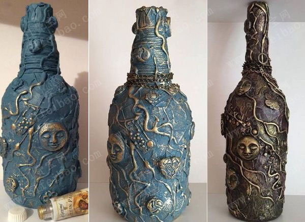 玻璃酒瓶回收diy仿古董铜器花瓶 废旧物品手工制作 51费宝网