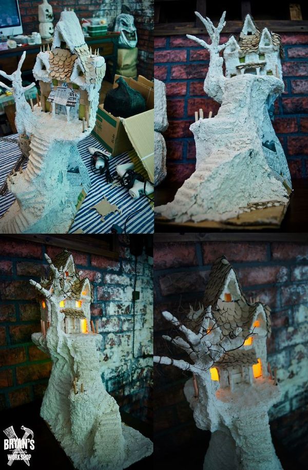 自制万圣节阴森鬼屋模型的教程 废旧物品手工制作 51费宝网